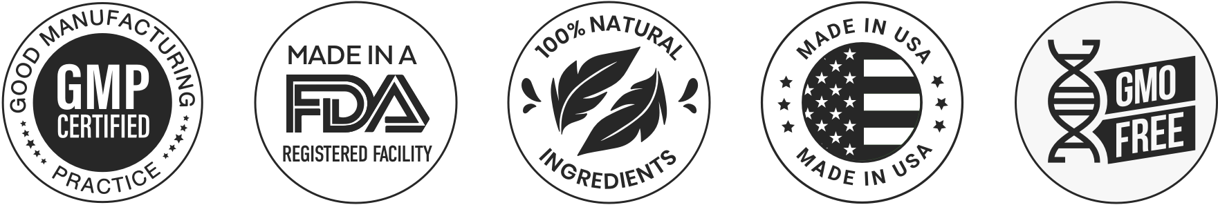 GMP Certified, FDA Registered, 100% Natural, Made in USA, GMO Free
